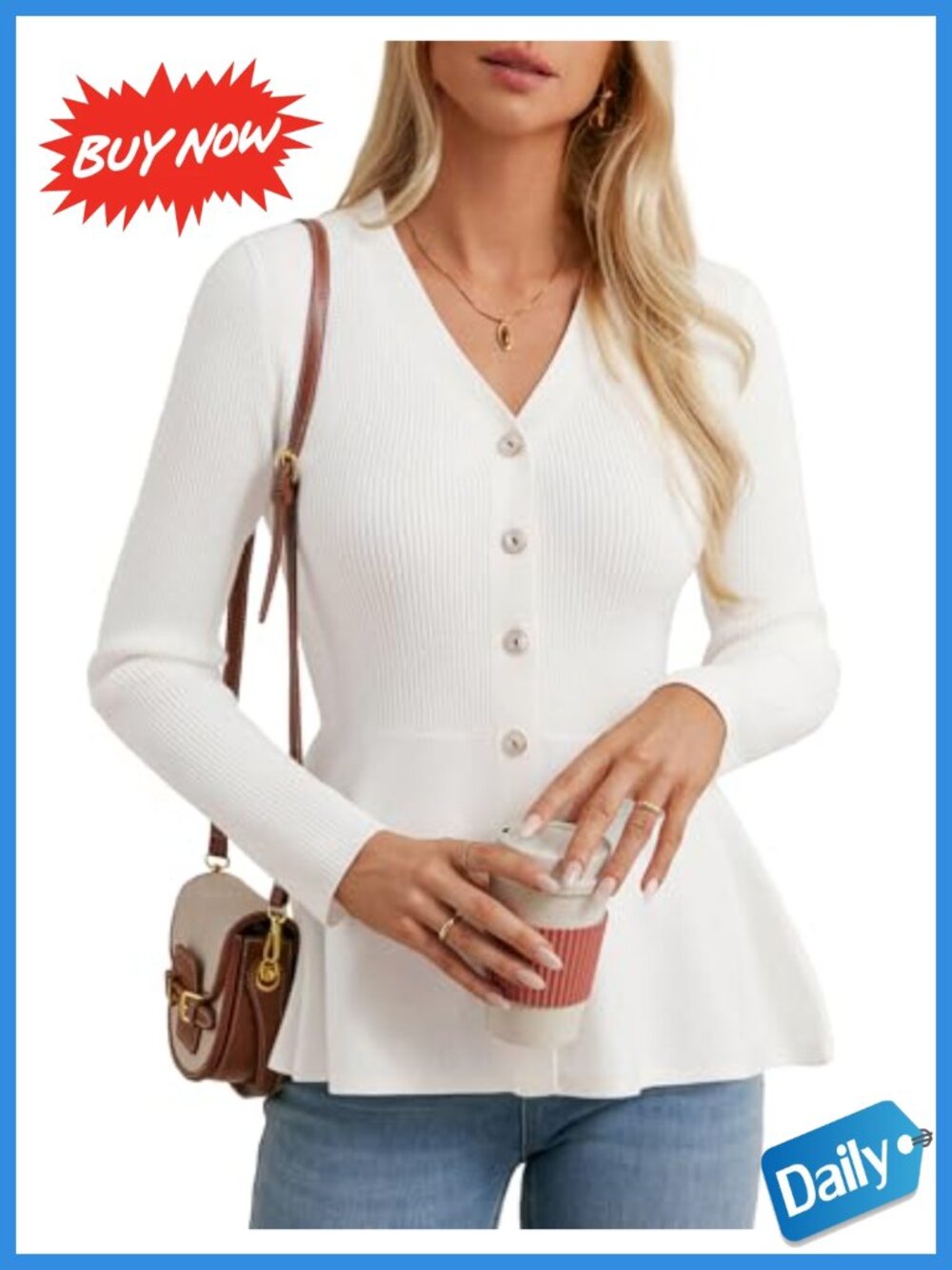 Wool Blend Button Up Cardigan Long Sleeve V-Neck Peplum Knit Business Casual